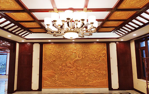 路北中式别墅客厅中式木作横梁吊顶装饰展示